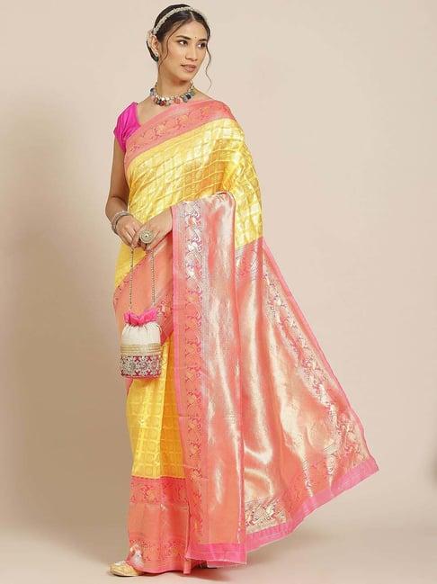 warthy ent yellow & pink silk woven saree with unstitched blouse