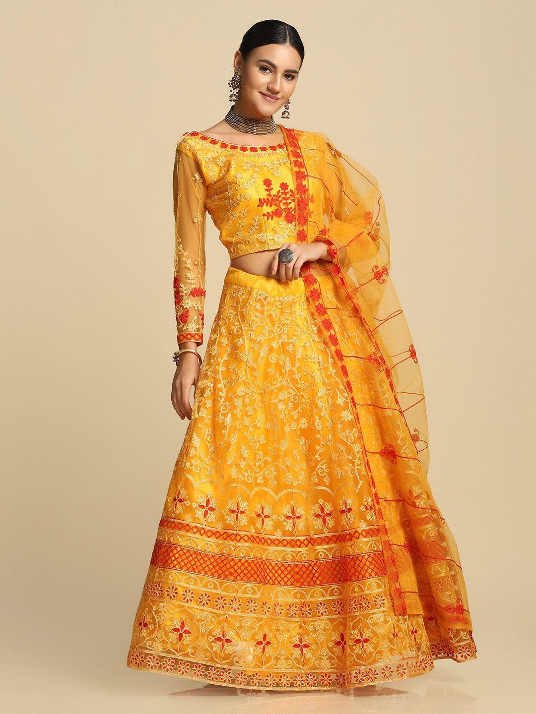 warthy ent yellow & red embroidered semi-stitched lehenga & unstitched blouse with dupatta