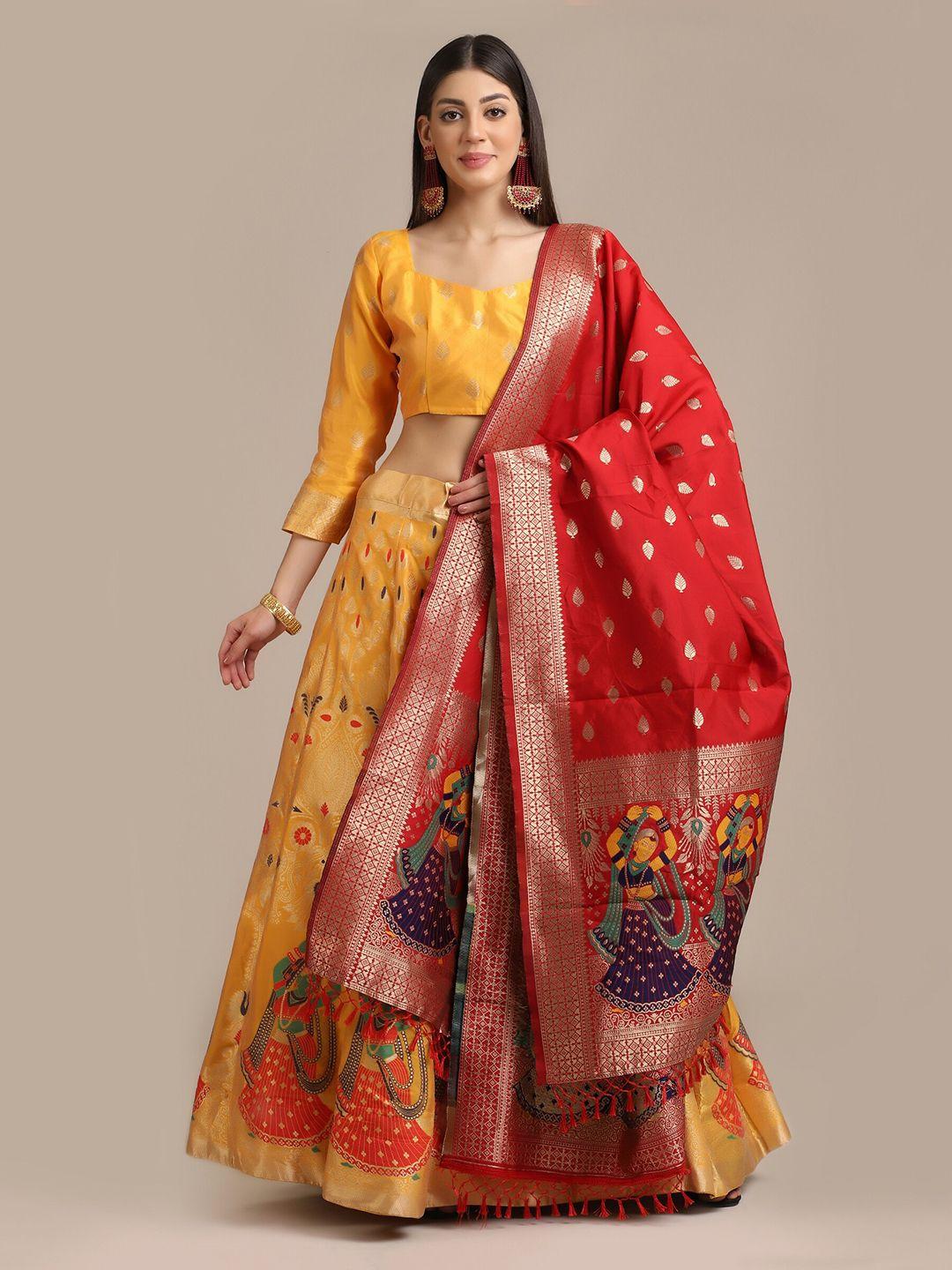 warthy ent yellow & red semi-stitched lehenga & unstitched blouse with dupatta