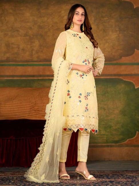warthy ent yellow embroidered semi stitched dress material