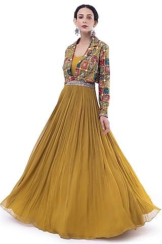 wasabi green georgette embellished pleated gown with jacket