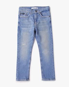 washed distressed dad fit jeans