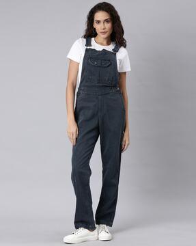 washed dungaree with strappy sleeves