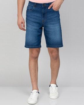 washed flat-front denim shorts