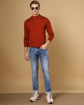 washed mid-rise skinny jeans