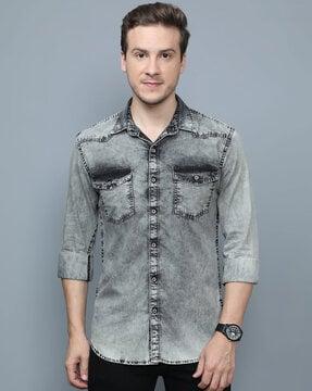 washed shirt with flap pockets