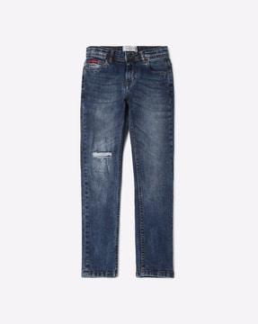 washed slim fit jeans with whiskers