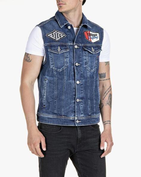 washed biker denim jacket with insert pockets