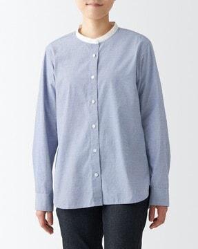 washed broadcloth stand collar long sleeves shirt