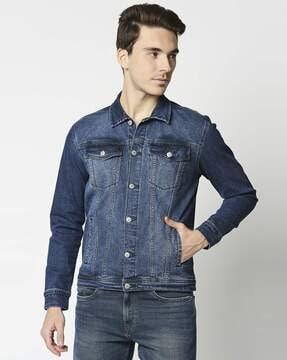 washed button-down denim jacket with flap pockets