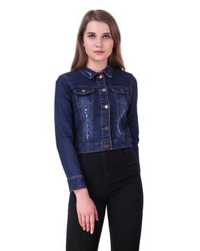 washed button-down denim jacket with flap pockets