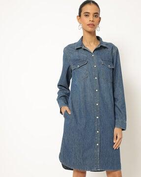 washed button-down denim shift dress