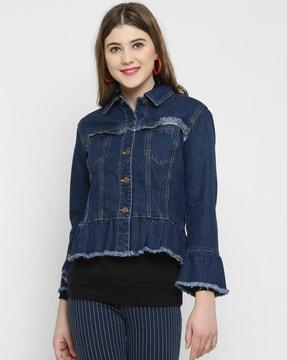 washed button-down jacket with frayed hems