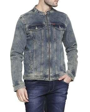 washed denim jacket with flap pockets