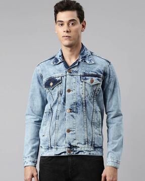 washed denim jacket with flap pockets