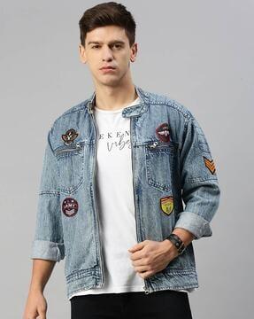 washed denim jacket with zip front