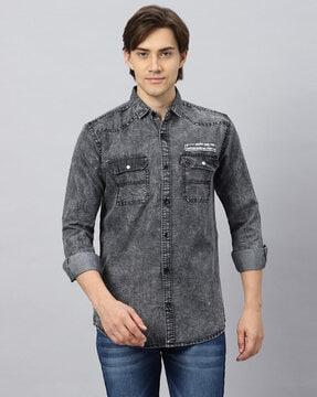 washed denim shirt with flap pockets