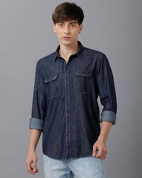 washed denim shirt with flap-pockets