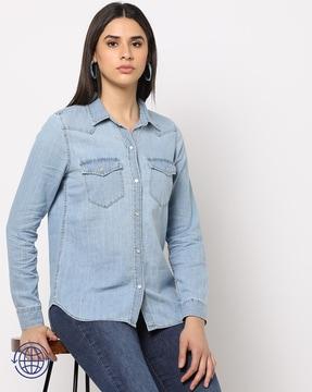 washed denim shirt with flap pockets