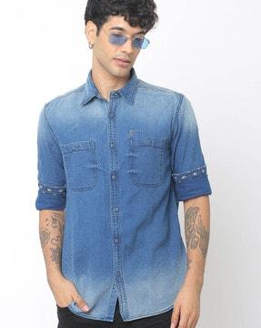 washed denim shirt with patch pockets