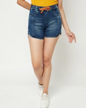 washed denim shorts with drawstring waist