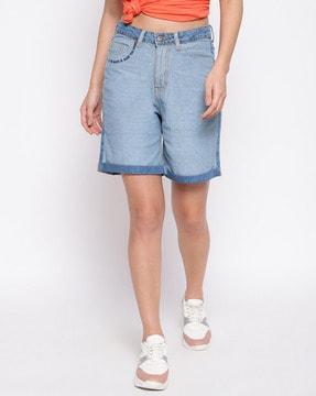 washed denim shorts with upturned hem