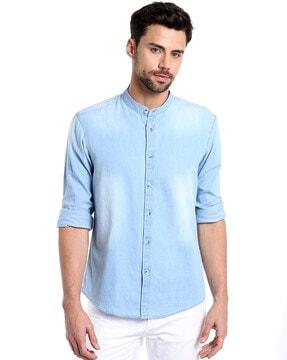washed denim slim fit shirt with band collar