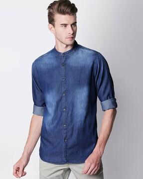 washed denim slim fit shirt with band collar