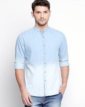 washed denim slim fit shirt with band collar