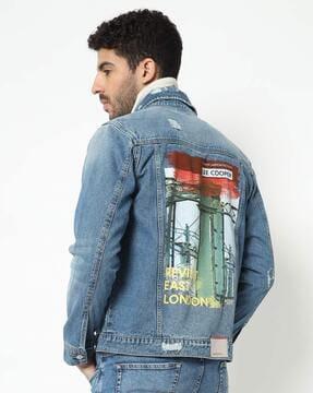 washed distressed jacket with back graphic print