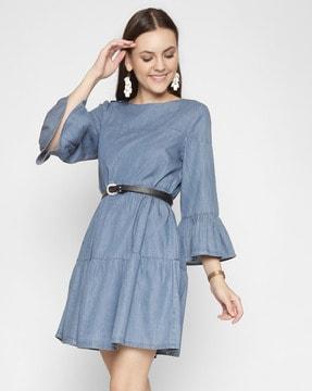 washed fit & flare dress with bell sleeves