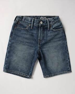 washed flat-front denim shorts