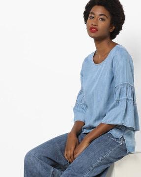 washed high-low top with tiered flared sleeves
