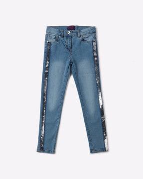 washed jeans with contrast panels