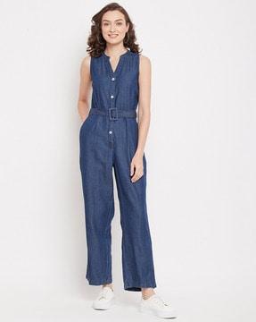 washed jumpsuit with waist tie-up