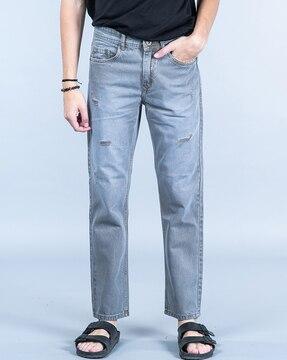 washed lightly distressed straight fit jeans