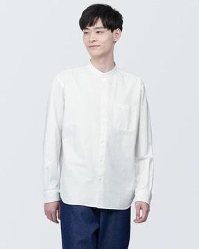 washed oxford stand collar long sleeve shirt