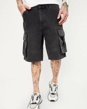 washed regular fit denim shorts with insert pockets