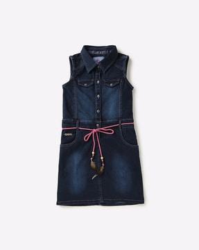 washed sleeveless shift dress with tie-up