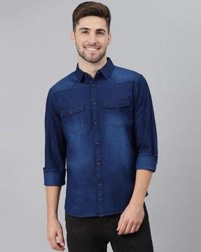 washed slim fit shirt with flap pockets