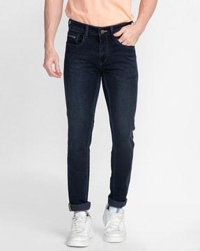 washed straight fit jeans with insert pockets