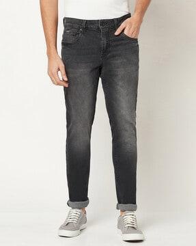 washed straight jeans with insert pocket