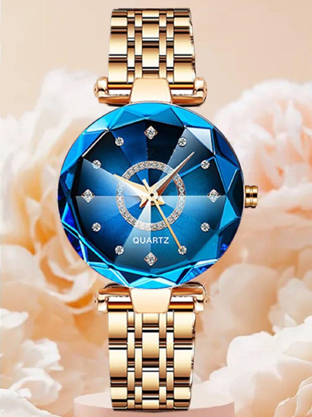 watchstar women blue patterned dial & rose gold toned stainless steel bracelet style straps analogue watch