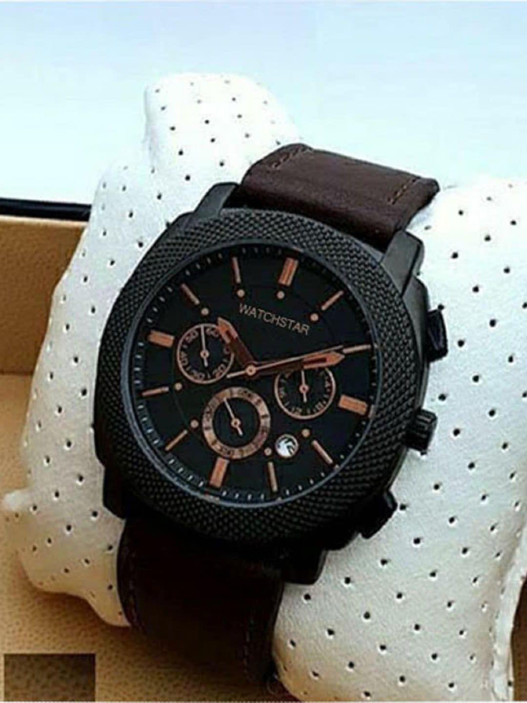 watchstar men patterned dial & leather bracelet style straps analogue watch fl blacknm