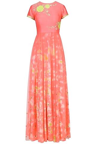 watermelon color floral applique marble dyed anarkali set