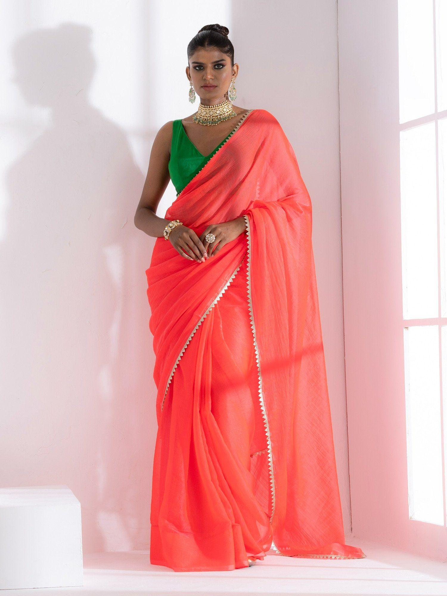 watermelon pink chiffon saree with unstitched blouse