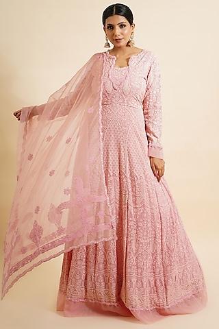 watermelon pink embroidered anarkali with dupatta