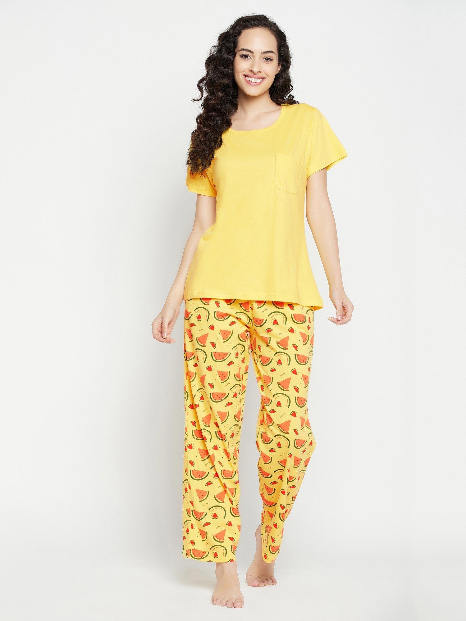 watermelon print pyjama & top- 100 percent cotton-yellow yellow (set of 2)