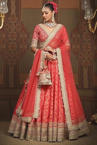 watermelon red cotton shimmer chanderi gota embroidered lehenga set