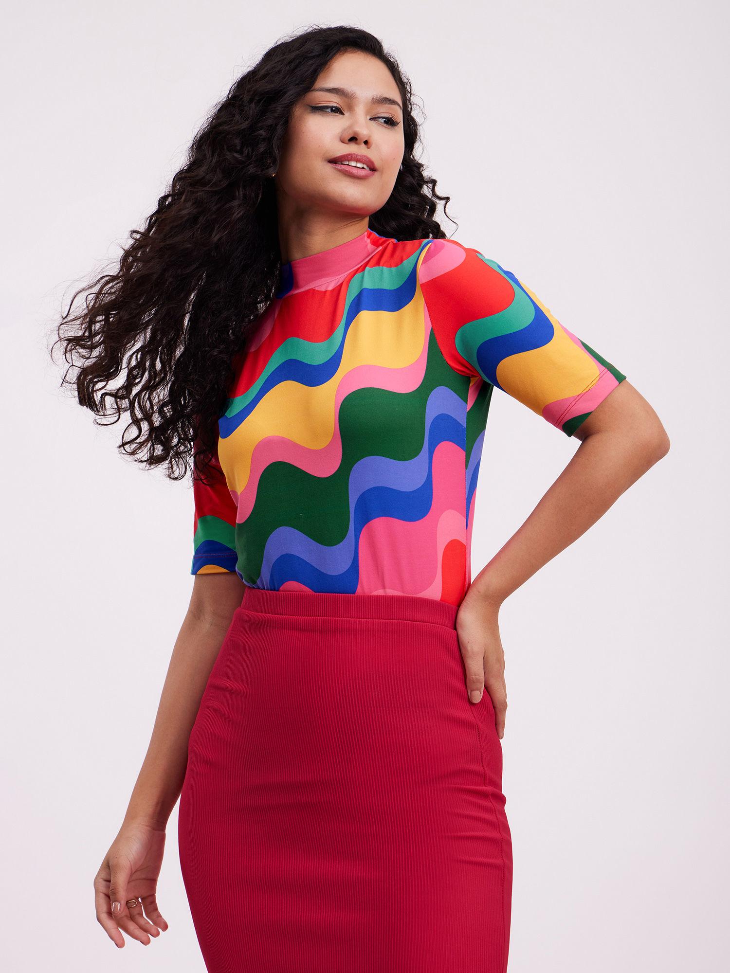 wave print high neck top - multicolour